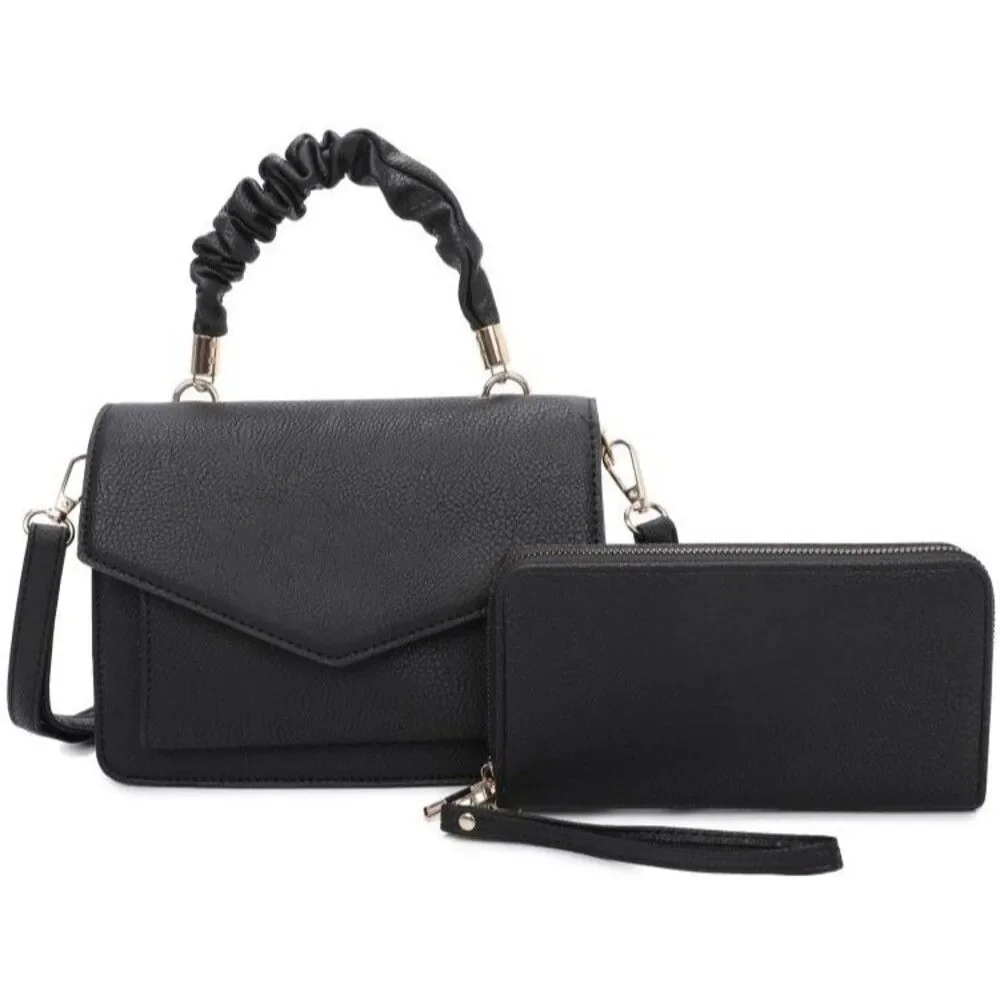 Women Black Elegant Two Piece  Messenger Top Handle with Full Size Zipper Wallet